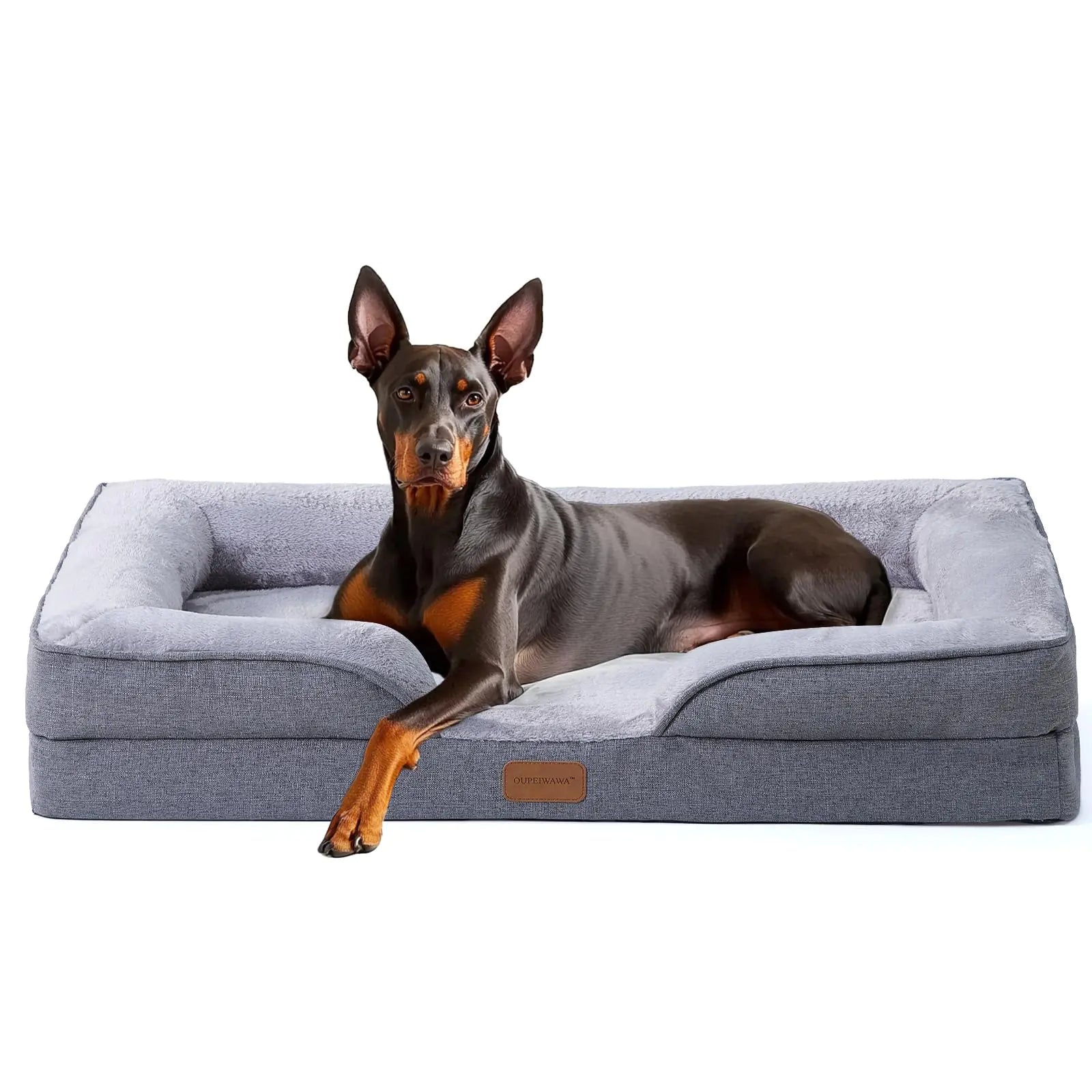 OUPEIWAWA Extra Large Dog Bed Orthopedic with Bolster Sides Removable Egg-Crate Foam Waterproof Liner Dog Bed Sofa Couch with Removable Washable Cover Non-Slip Bottom for Small Dog，Gray